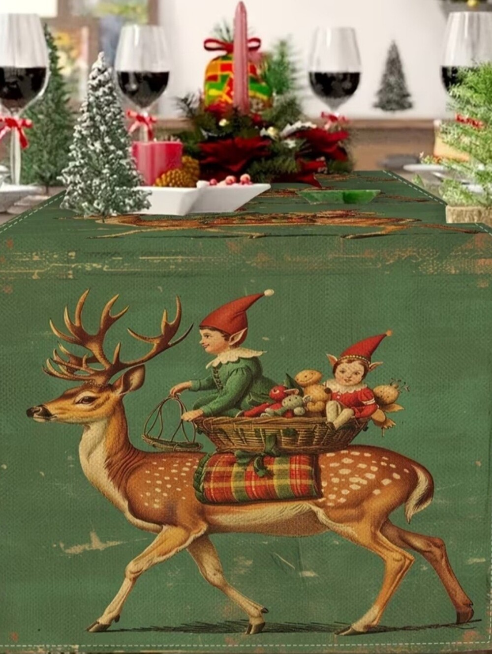 German Barvarian Christmas Tablecloth Runner Elves Reindeers Retro Cottagecore